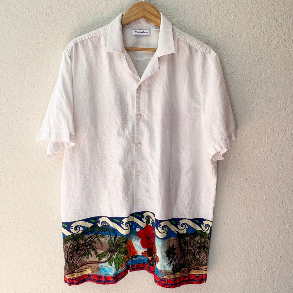 Caribbean Mens XL Linen Blend Tropical Shirt‎ White